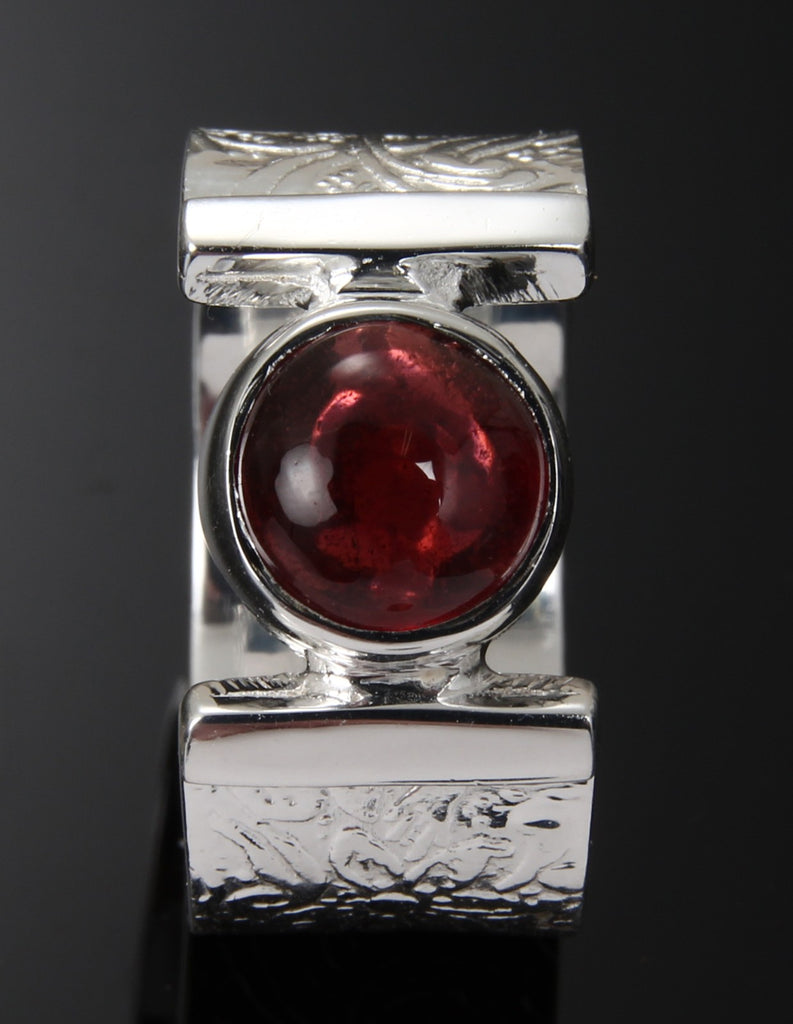 Produktion etisk Tid Bred sølvring med blomster mønster og rød Granat sten– Niibuhr Jewelry