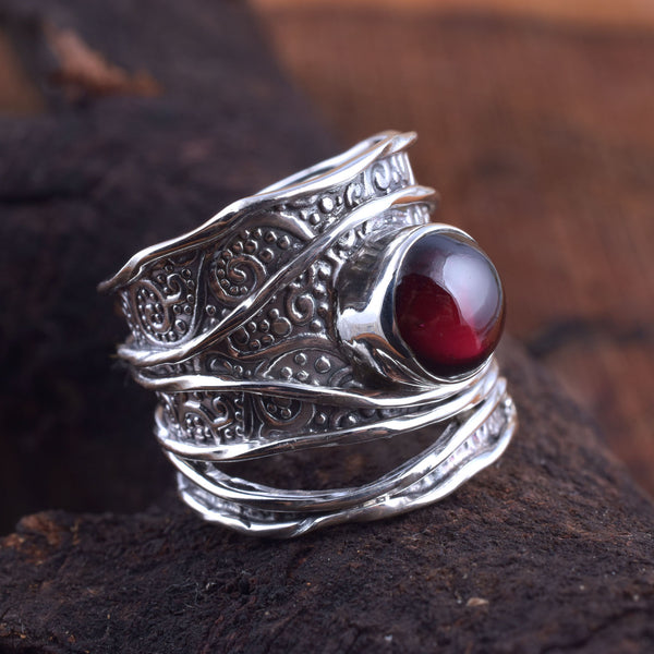 sølv ring rød granat sten