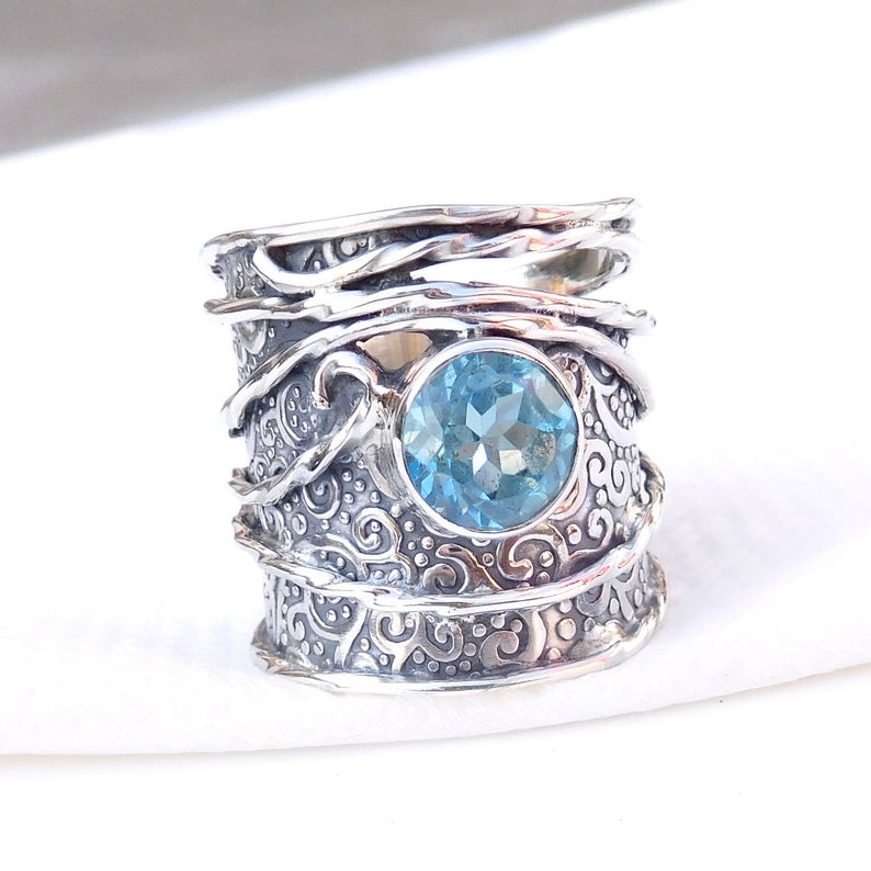 unika sølv ring blå topaz sten